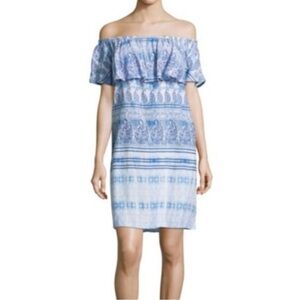 Beachlunchlounge Blue and White Off the Shoulder Mini Dress Size S